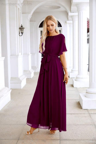 Ladies Chiffon Sleeve Crew Neck Front Slit Floor Length Bridesmaid Evening Dress Wedding Party Evening Dress 28124