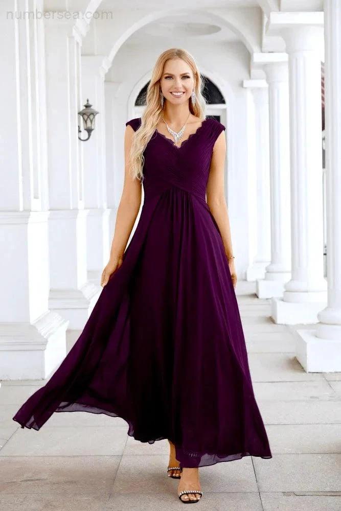 Ladies Chiffon V Neck Sleeveless Floor Length Bridesmaid Evening Dress Wedding Party Evening Dress 28126 by numbersea