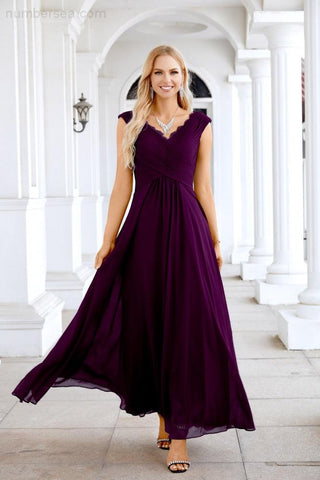 Ladies Chiffon V Neck Sleeveless Floor Length Bridesmaid Evening Dress Wedding Party Evening Dress 28126