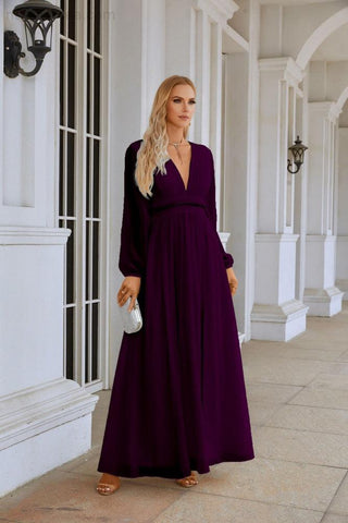 Ladies V Neck Chiffon Long Sleeve Front Slit Bridesmaid Evening Dress Wedding Party Shopping Evening Dress 28109
