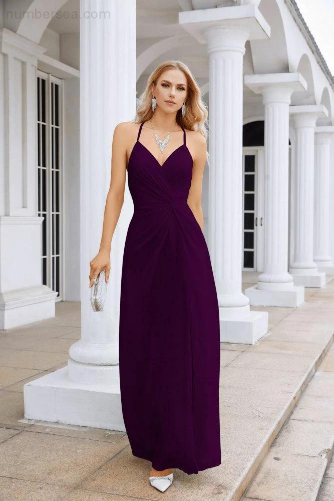 Ladies Chiffon Spaghetti Strap V Neck Front Slit Floor Length Bridesmaid Evening Dress Prom Party Wedding Evening Dress 28116 by numbersea