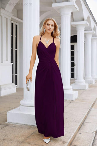 Ladies Chiffon Spaghetti Strap V Neck Front Slit Floor Length Bridesmaid Evening Dress Prom Party Wedding Evening Dress 28116