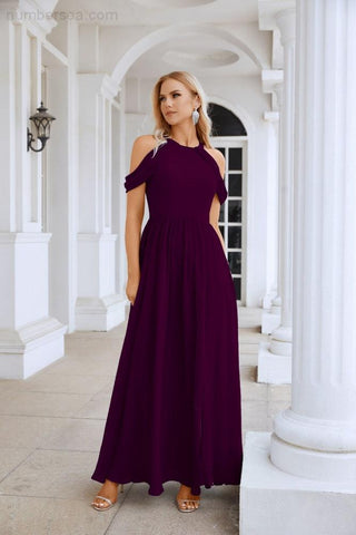 Ladies Chiffon Off Shoulder Swing Sleeve Front Slit Bridesmaid Evening Dress Wedding Party Evening Dress 28117