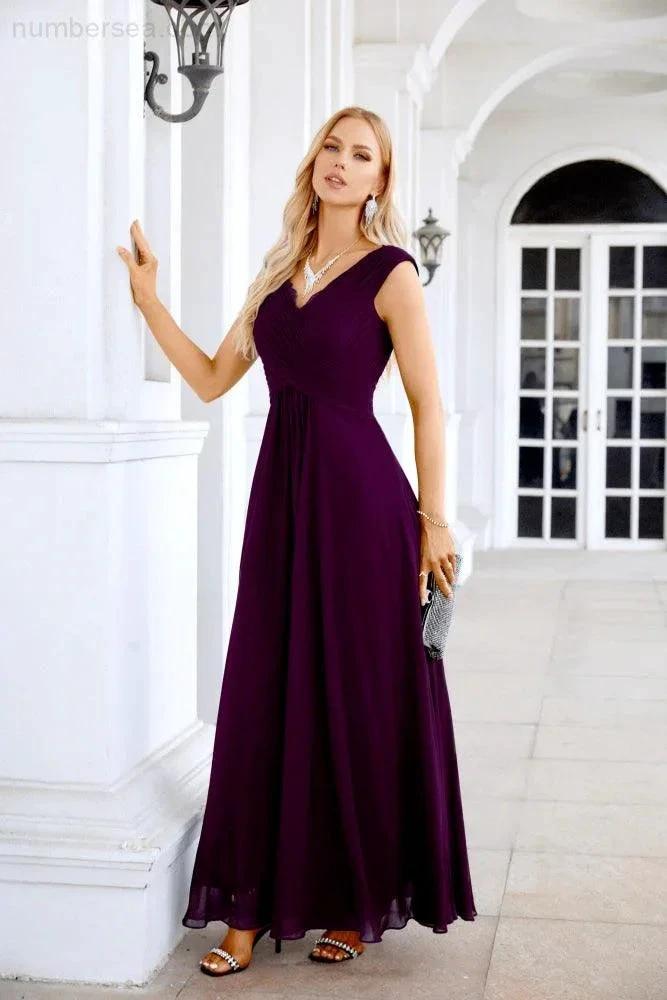 Ladies Chiffon V Neck Sleeveless Floor Length Bridesmaid Evening Dress Wedding Party Evening Dress 28126 by numbersea
