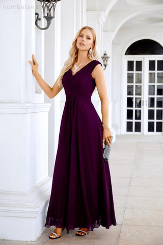 Ladies Chiffon V Neck Sleeveless Floor Length Bridesmaid Evening Dress Wedding Party Evening Dress 28126