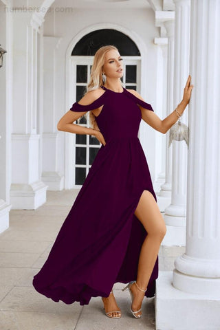 Ladies Chiffon Off Shoulder Swing Sleeve Front Slit Bridesmaid Evening Dress Wedding Party Evening Dress 28117