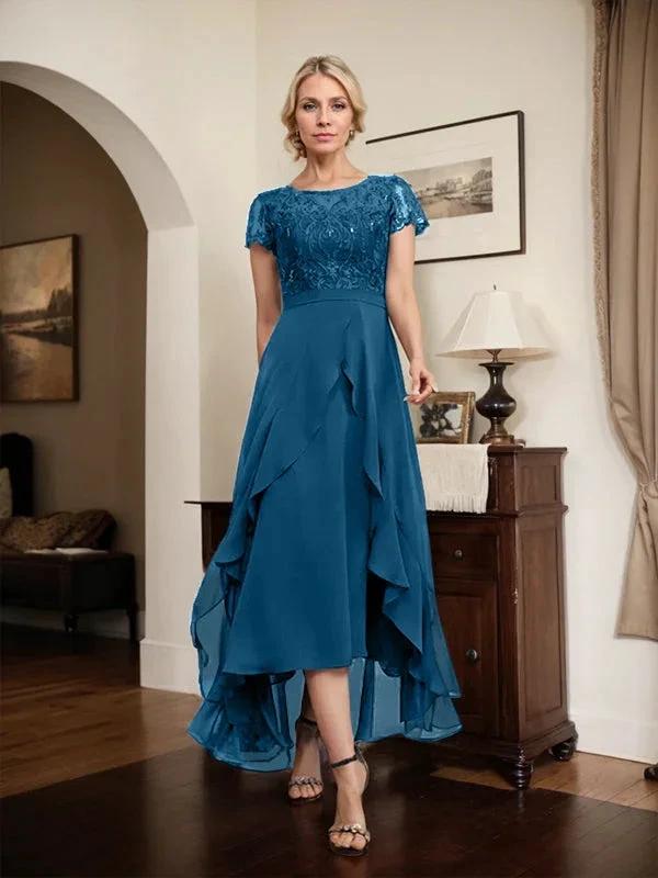 A-line Scoop Illusion Asymmetrical Chiffon Lace Mother of the Bride Dress With Bow Ruffle Sequins by Dreamylily