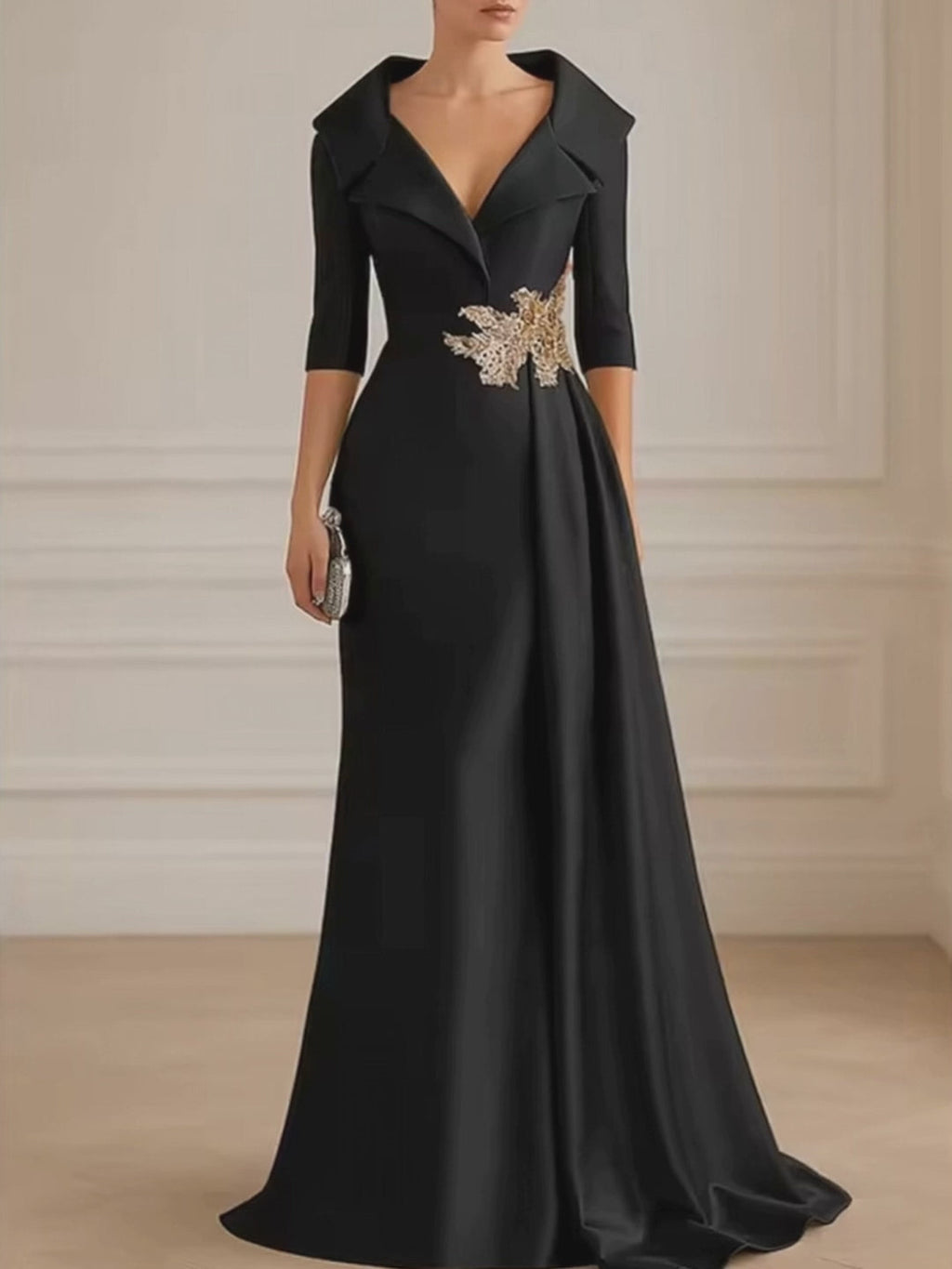 A-Line Satin V-Neck 3/4 Sleeve Mother of the Bride Dresses Floor-Length Ball Gown with Applique (SHI22500294)