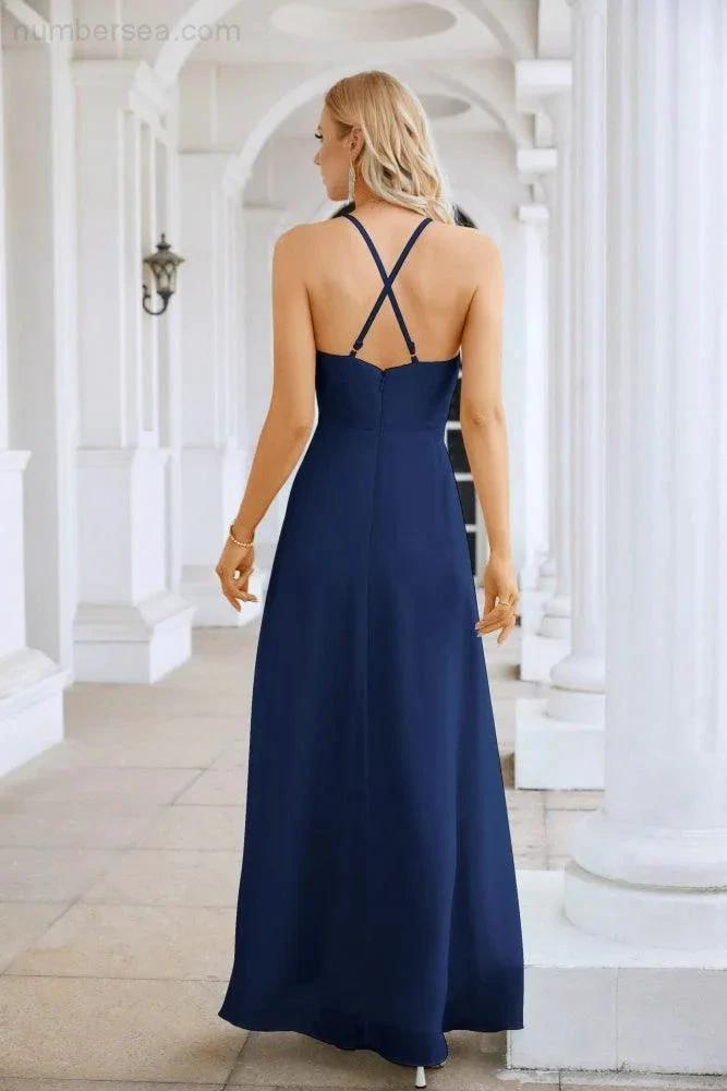 Ladies Chiffon Spaghetti Strap V Neck Front Slit Floor Length Bridesmaid Evening Dress Prom Party Wedding Evening Dress 28116 by numbersea