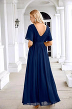 Ladies Chiffon Sleeve Crew Neck Front Slit Floor Length Bridesmaid Evening Dress Wedding Party Evening Dress 28124 by numbersea