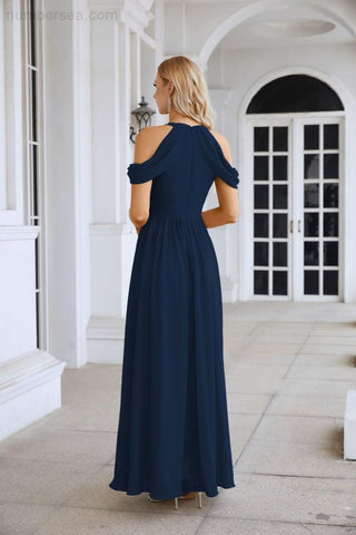 Ladies Chiffon Off Shoulder Swing Sleeve Front Slit Bridesmaid Evening Dress Wedding Party Evening Dress 28117