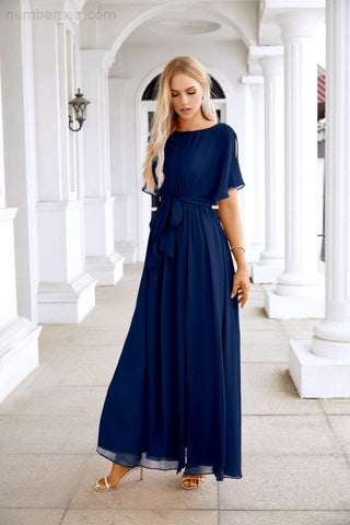 Ladies Chiffon Sleeve Crew Neck Front Slit Floor Length Bridesmaid Evening Dress Wedding Party Evening Dress 28124