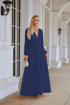 Ladies V Neck Chiffon Long Sleeve Front Slit Bridesmaid Evening Dress Wedding Party Shopping Evening Dress 28109 by numbersea