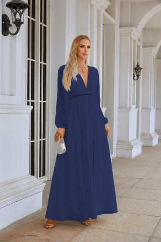 Ladies V Neck Chiffon Long Sleeve Front Slit Bridesmaid Evening Dress Wedding Party Shopping Evening Dress 28109