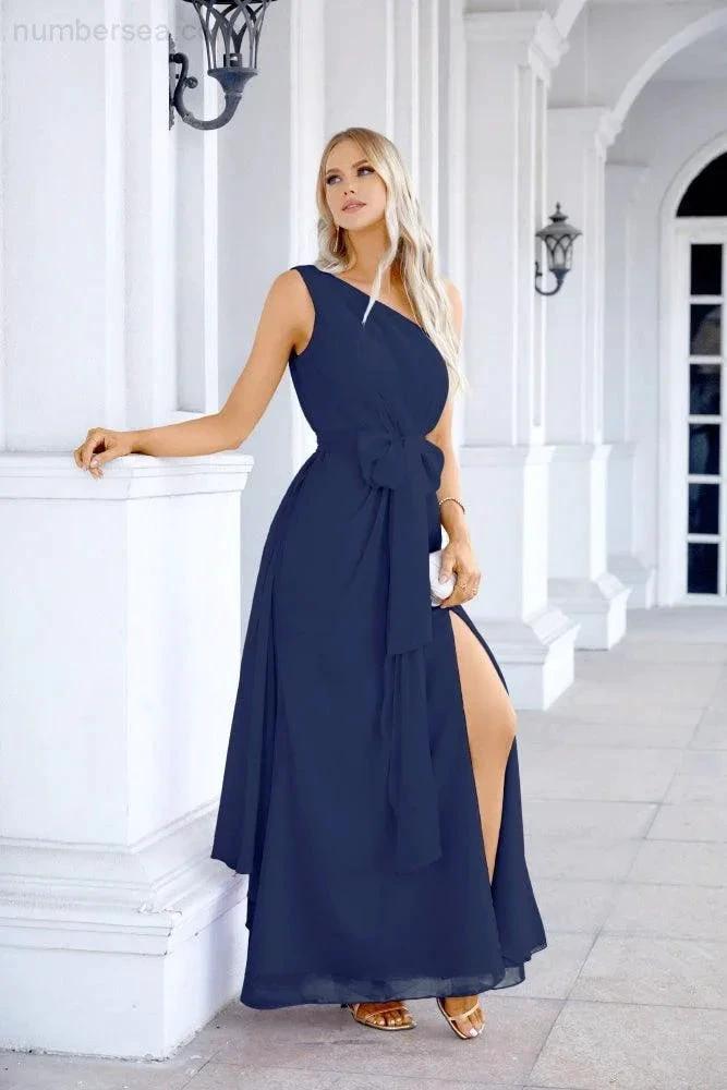 Ladies Chiffon One Shoulder Bridesmaid Evening Dress Wedding Party Evening Dress 28133 by numbersea