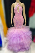 Halter Sequins Tulle Tiered Mermaid Sleeveless Prom Dress by BIZTUNNEL