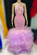 Halter Sequins Tulle Tiered Mermaid Sleeveless Prom Dress by BIZTUNNEL