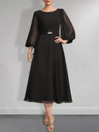 A-line Scoop Tea-Length Chiffon Mother of the Bride Dress With Crystal Brooch Pleated by Dreamylily