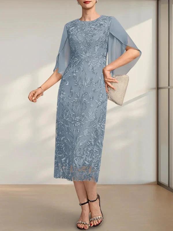 Sheath/Column Scoop Tea-Length Lace Chiffon Mother of the Bride Dress by Dreamylily