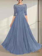 A-line Scoop Illusion Floor-Length Chiffon Lace Mother of the Bride Dress With Pleated Sequins by Dreamylily
