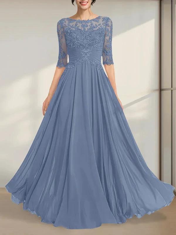 A-line Scoop Illusion Floor-Length Chiffon Lace Mother of the Bride Dress With Pleated Sequins by Dreamylily