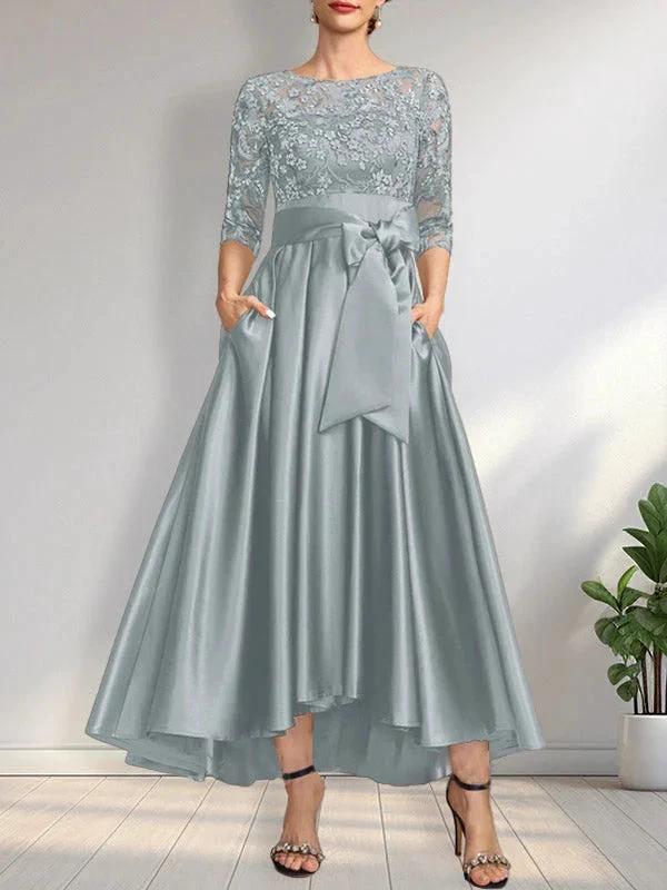 A-line Scoop Illusion Asymmetrical Satin Lace Mother of the Bride Dress With Bow by Dreamylily