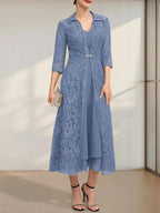 A-line V-Neck Tea-Length Chiffon Mother of the Bride Dress by Dreamylily