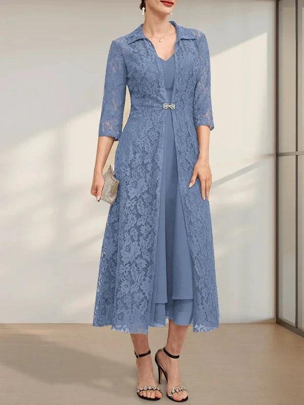 A-line V-Neck Tea-Length Chiffon Mother of the Bride Dress by Dreamylily