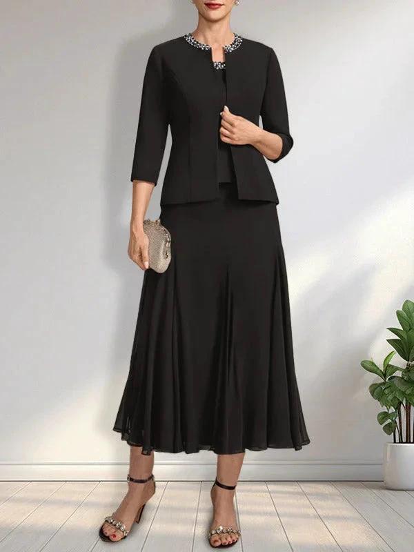 Separates A-line Scoop Tea-Length Chiffon Mother of the Bride Dress With Sequins Beading by Dreamylily