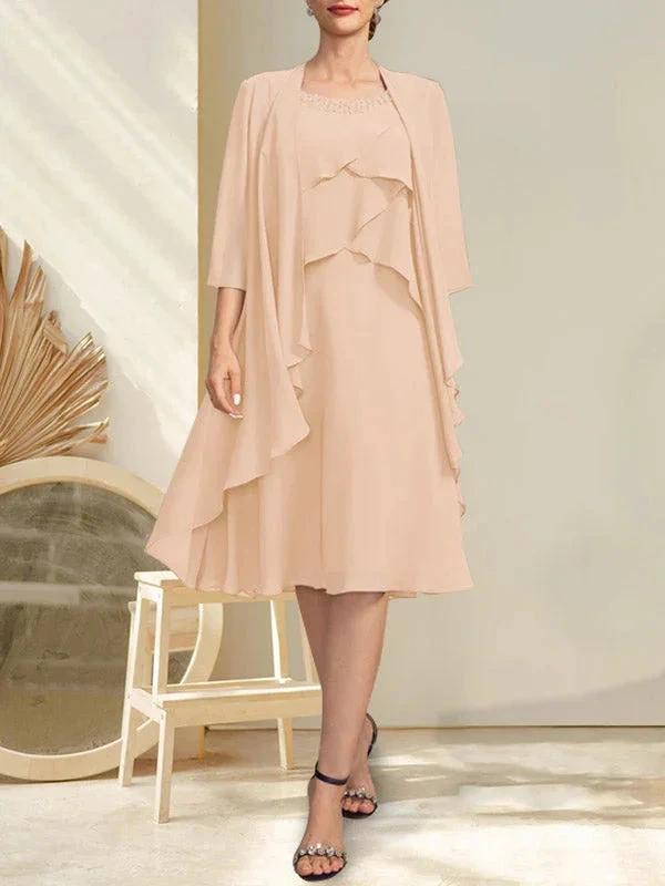 A-line Scoop Knee-Length Chiffon Mother of the Bride Dress With Beading by Dreamylily