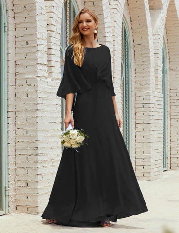 Sunnderly  Bridesmaid Dress Women Long Sleeve V-Neck Chiffon Formal Wedding Party Dress SY28018