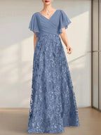 A-line V-Neck Floor-Length Lace Sequin Chiffon Mother of the Bride Dress With Pleated by Dreamylily