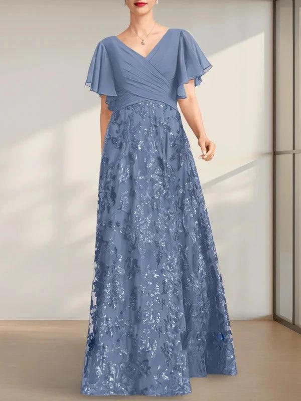 A-line V-Neck Floor-Length Lace Sequin Chiffon Mother of the Bride Dress With Pleated by Dreamylily