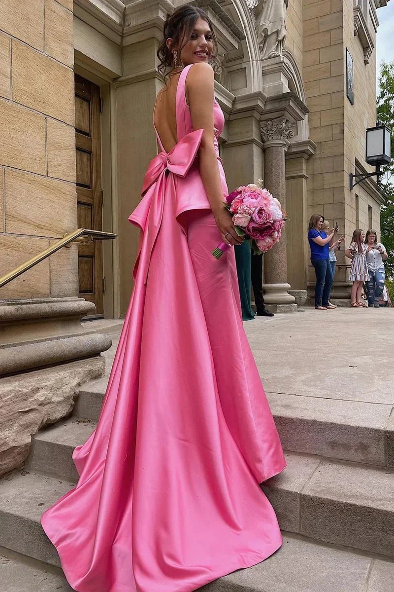 Esther | Cute Mermaid V Neck Pink Satin Long Prom Dresses with Big Bow by KissProm