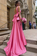 Esther | Cute Mermaid V Neck Pink Satin Long Prom Dresses with Big Bow by KissProm