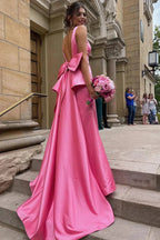 Esther | Cute Mermaid V Neck Pink Satin Long Prom Dresses with Big Bow by KissProm