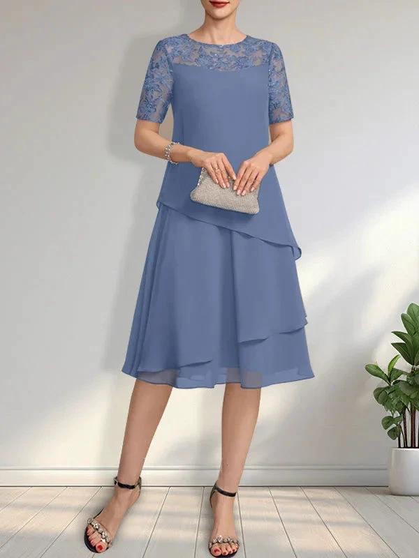 A-line Scoop Illusion Knee-Length Lace Chiffon Mother of the Bride Dress With Sequins by Dreamylily