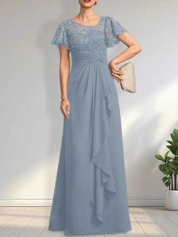 A-line Asymmetrical Illusion Floor-Length Lace Chiffon Mother of the Bride Dress With Cascading Ruffles Sequins by Dreamylily