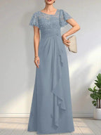 A-line Asymmetrical Illusion Floor-Length Lace Chiffon Mother of the Bride Dress With Cascading Ruffles Sequins by Dreamylily
