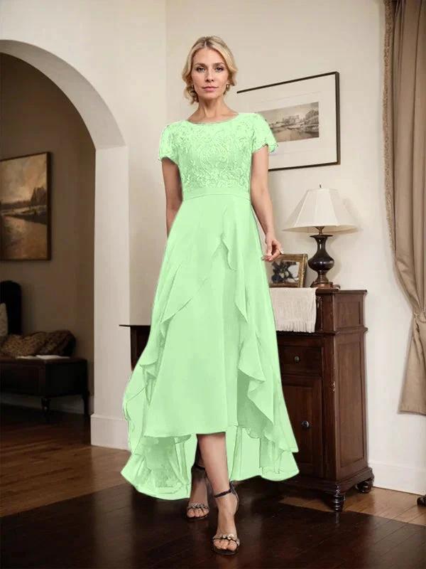 A-line Scoop Illusion Asymmetrical Chiffon Lace Mother of the Bride Dress With Bow Ruffle Sequins by Dreamylily