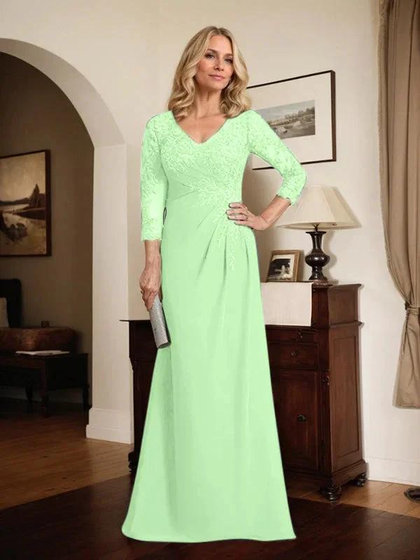 Sheath/Column V-Neck Illusion Floor-Length Lace Chiffon Mother of the Bride Dress With Pleated Sequins by Dreamylily