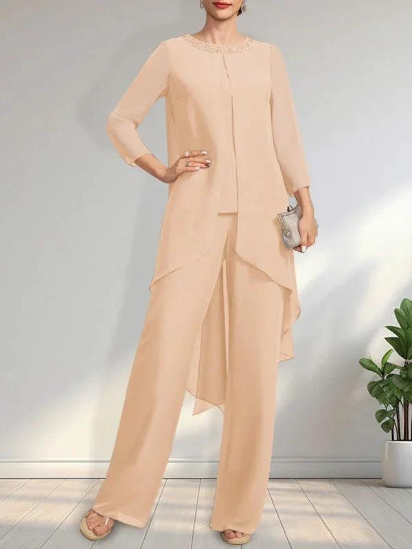 Separates Jumpsuit/Pantsuit Scoop Floor-Length Chiffon Mother of the Bride Dress With Sequins Beading by Dreamylily