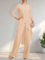 Separates Jumpsuit/Pantsuit Scoop Floor-Length Chiffon Mother of the Bride Dress With Sequins Beading