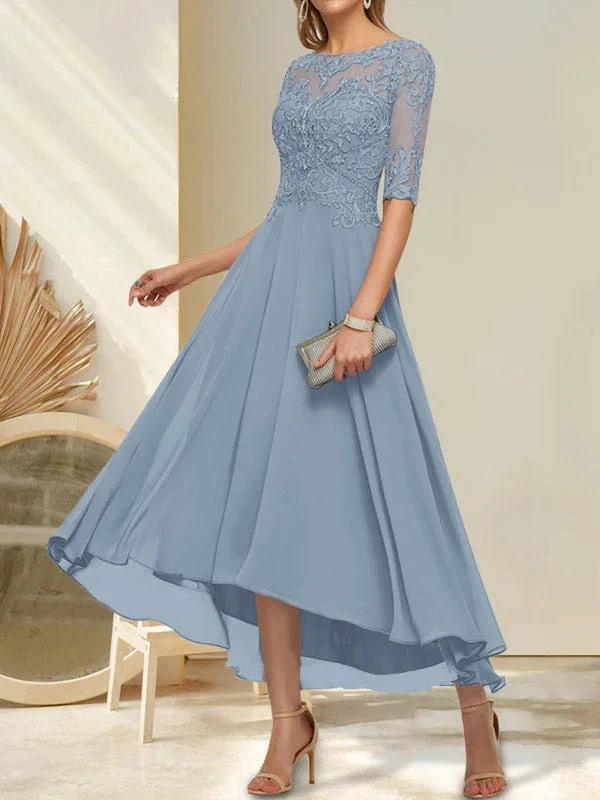 A-line Boat Neck Illusion Asymmetrical Chiffon Lace Mother of the Bride Dress With Sequins Beading by Dreamylily