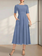 A-line Scoop Tea-Length Chiffon Mother of the Bride Dress With Appliques Lace Sequins by Dreamylily