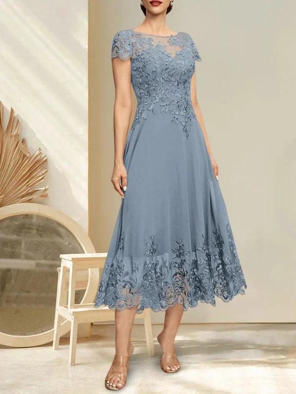 A-line Illusion Scoop Tea-Length Lace Chiffon Mother of the Bride Dress With Sequins by Dreamylily