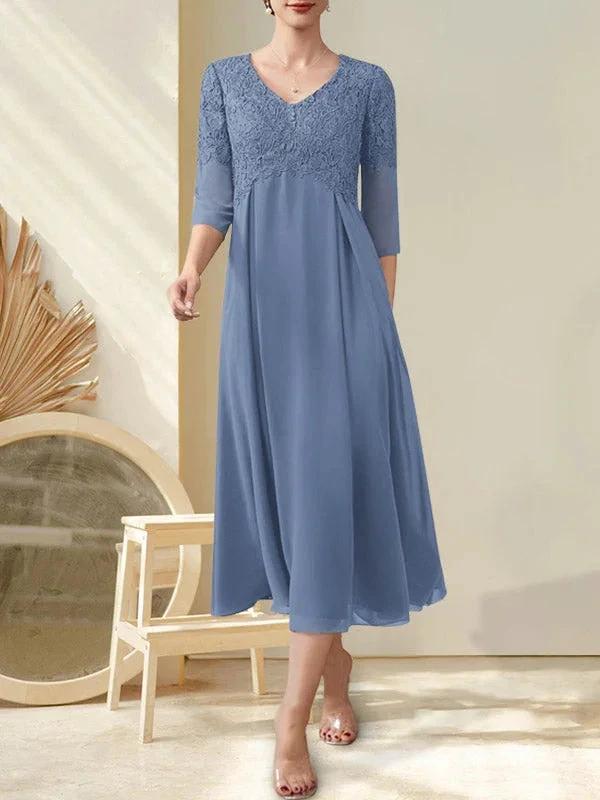 A-line V-Neck Tea-Length Chiffon Lace Mother of the Bride Dress With Beading by Dreamylily