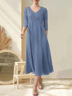 A-line V-Neck Tea-Length Chiffon Lace Mother of the Bride Dress With Beading by Dreamylily