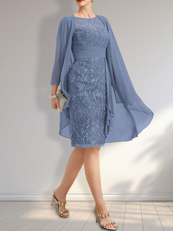 Sheath Scoop Illusion Knee-Length Lace Chiffon Mother of the Bride Dress With Cascading Ruffles Sequins