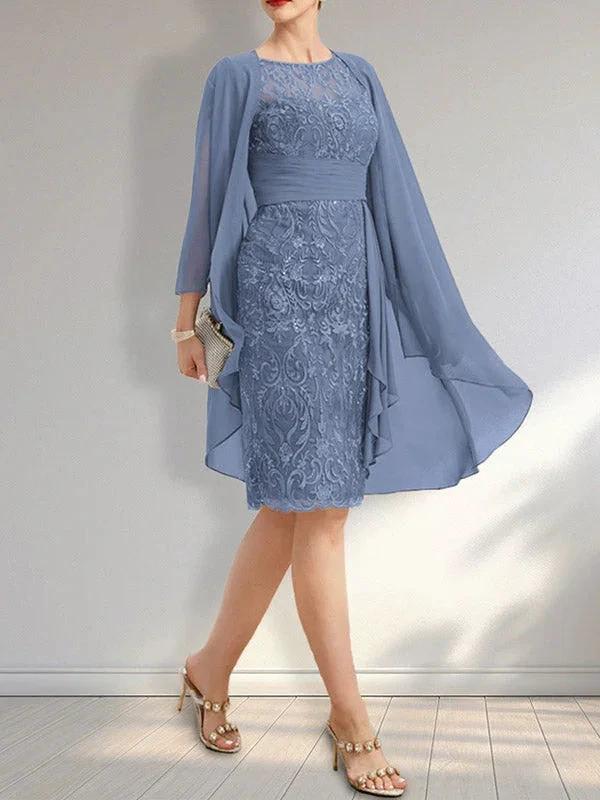 Sheath Scoop Illusion Knee-Length Lace Chiffon Mother of the Bride Dress With Cascading Ruffles Sequins by Dreamylily